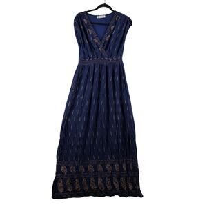 Lapogee Goddess Maxi Dress Women’s XL Navy Gold Paisley Smocked Boho V Neck